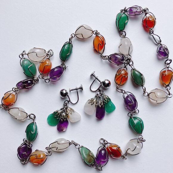 VTG Mid Century Gemstone Necklace Earring Set Screwback Multicolor Wire Wrapped - Picture 8 of 9